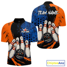 Load image into Gallery viewer, Custom Grunge Orange And Blue Angry Men Bowling Ball &amp; Pins Shirts Funny Bowling Team Outfits NYN3185
