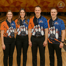 Load image into Gallery viewer, Custom Grunge Orange And Blue Angry Men Bowling Ball &amp; Pins Shirts Funny Bowling Team Outfits NYN3185