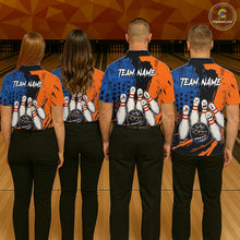 Load image into Gallery viewer, Custom Grunge Orange And Blue Angry Men Bowling Ball &amp; Pins Shirts Funny Bowling Team Outfits NYN3185
