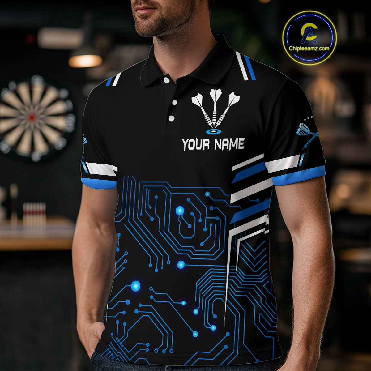 Futuristic Darts Team Shirt For Men - Skull Head & Neuro Tech Style | Custom Name NYN0482
