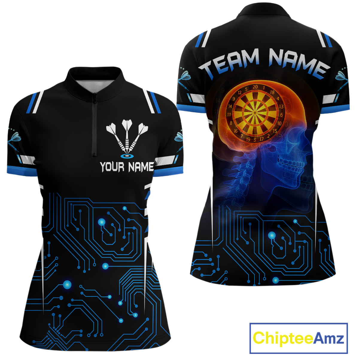 Futuristic Darts Team Shirt For Women - Skull Head & Neuro Tech Style | Custom Name NYN0482