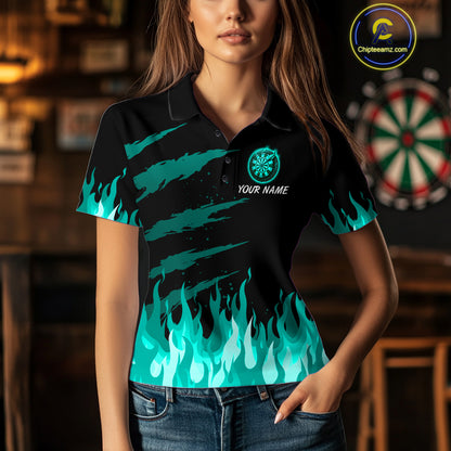 Custom Turquoise Flames Phoenix Dartboard Dart Polo Jersey For Women Dart Tournament Team Shirts NYN0982