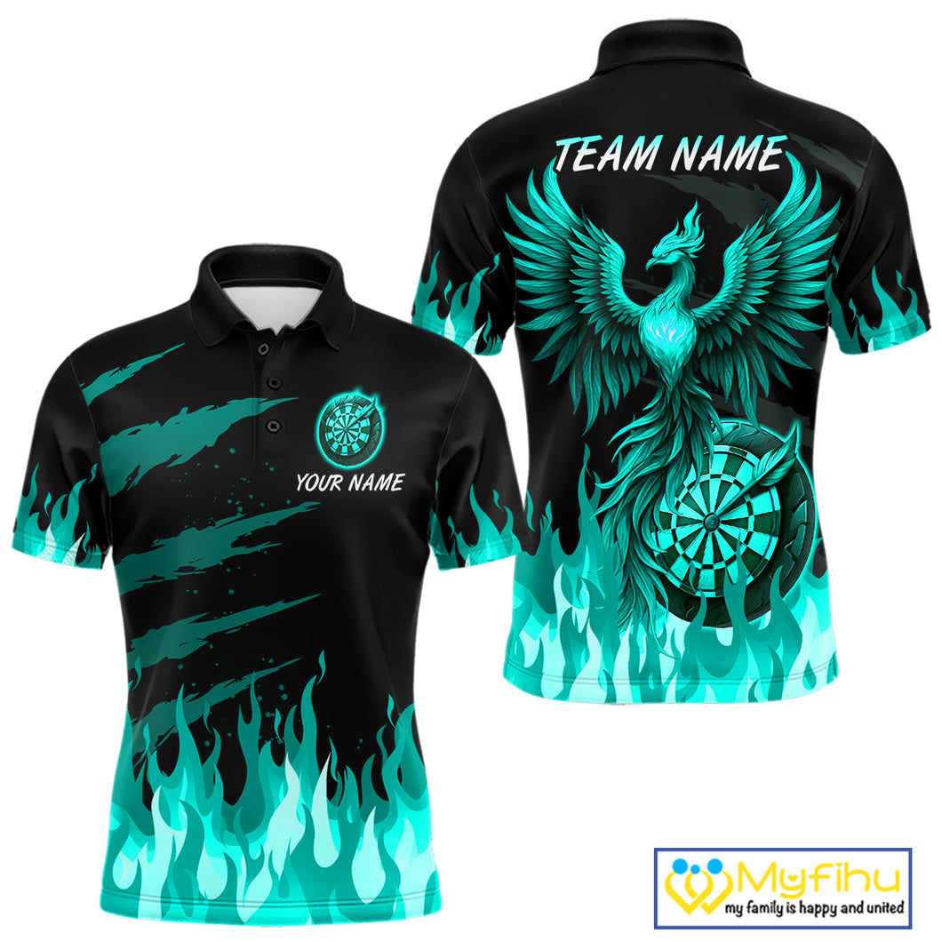 Custom Turquoise Flames Phoenix Dartboard Dart Polo Jersey For Men Dart Tournament Team Shirts NYN0982