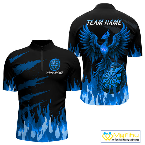 Custom Blue Flames Phoenix Dartboard Dart 1/4-Zip Jersey For Men Dart Tournament Team Shirts NYN0983