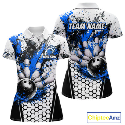Custom Black And Blue Splatter Womens Bowling Shirt Splash Bowling Tournament Team Jersey NYN4011