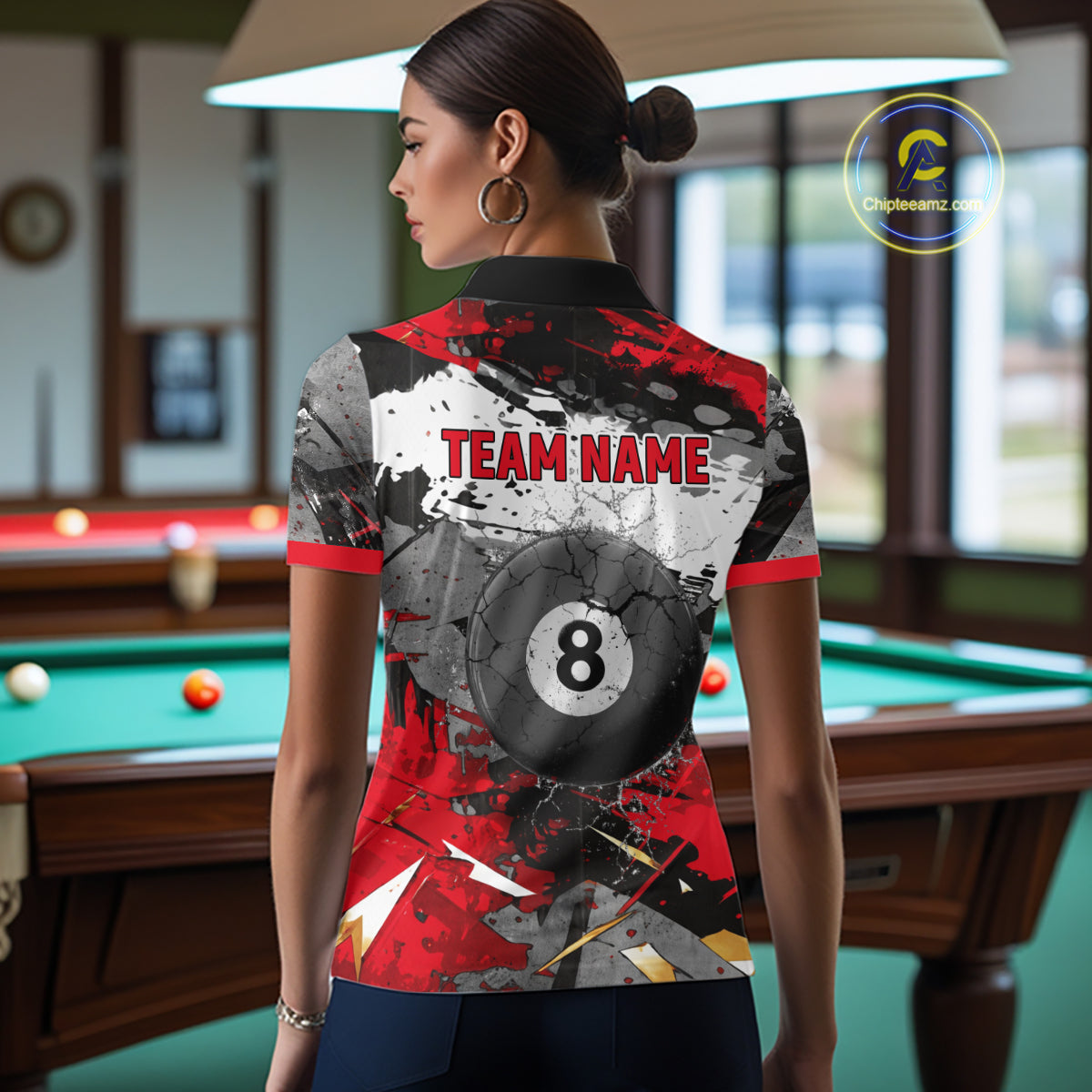 Black, White And Red Grunge Paint Billiard Pool Shirts For Women Custom 8 Ball Billiard Team Attire NYN3019