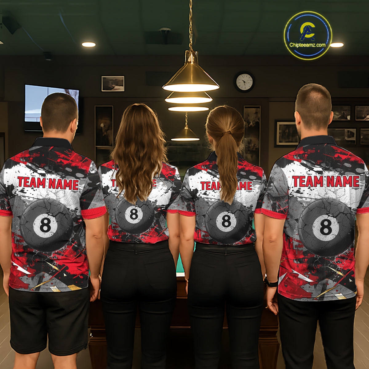Black, White And Red Grunge Paint Billiard Pool Shirts For Men Custom 8 Ball Billiard Team Attire NYN3019