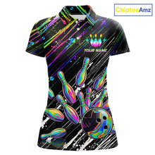 Load image into Gallery viewer, Holographic Strike Bowling Ball &amp; Pins Jersey For Women Custom Splatter Paint Bowling Team Shirts NYN3200