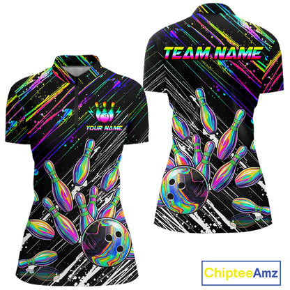 Holographic Strike Bowling Ball & Pins Jersey For Women Custom Splatter Paint Bowling Team Shirts NYN3200