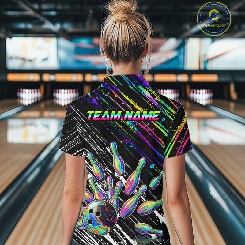 Holographic Strike Bowling Ball & Pins Jersey For Women Custom Splatter Paint Bowling Team Shirts NYN3200