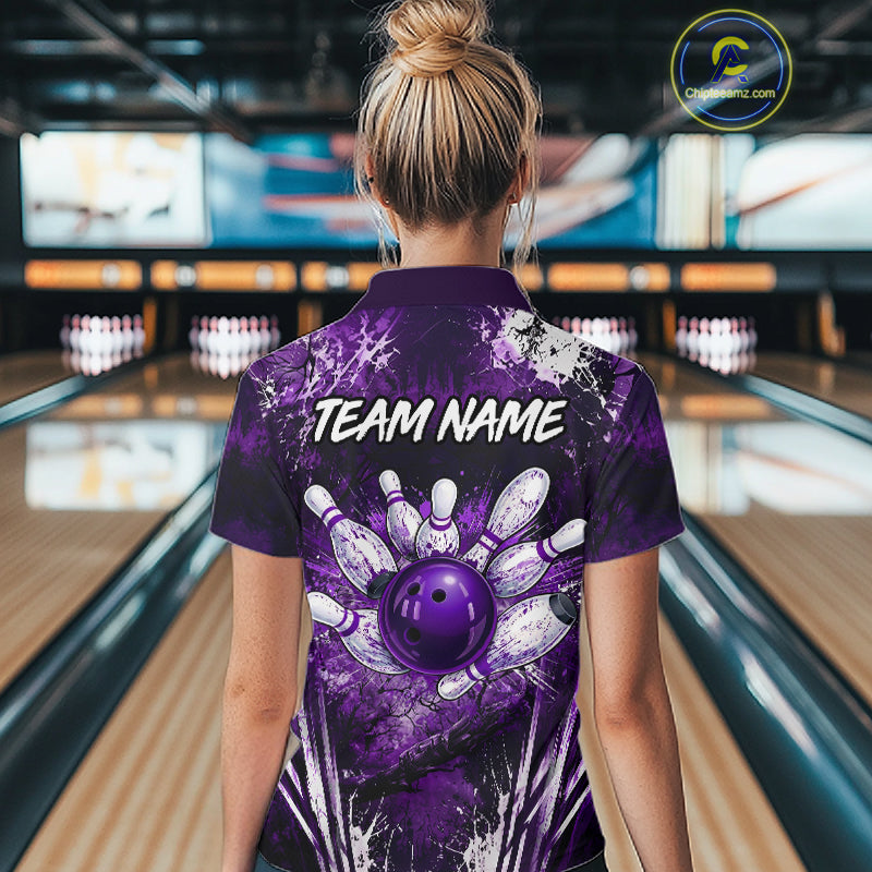 Person wearing a purple bowling shirt with a design and 'Your Name' text in a bowling alley.