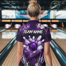 Load image into Gallery viewer, Person wearing a purple bowling shirt with a design and 'Your Name' text in a bowling alley.