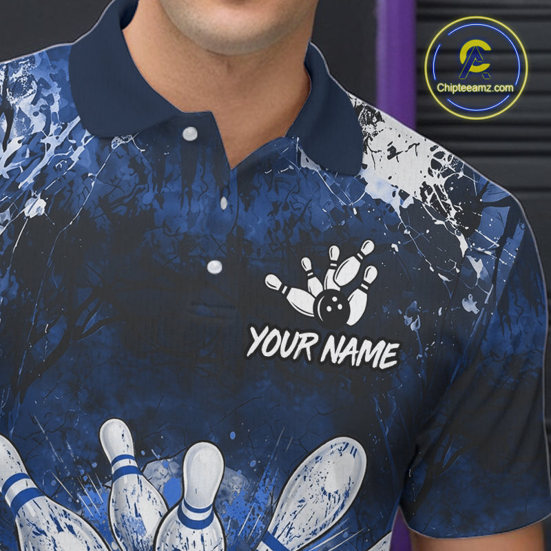 Men's white blue splatter bowling ball quarter zip bowling shirt mockup