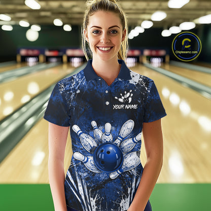 Woman wearing white blue splatter bowling ball shirt custom bowling apparel