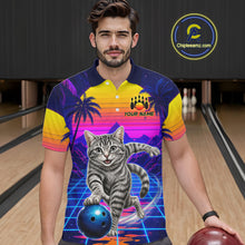 Load image into Gallery viewer, Man wearing funny cat bowling shirt personalized bowling apparel