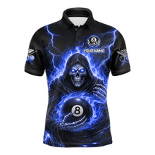 Load image into Gallery viewer, Blue Flames Grim Reaper Holding 8 Ball Pool Men Polo &amp; 1/4-Zip Shirt Personalized Billiard Gifts NYN2661