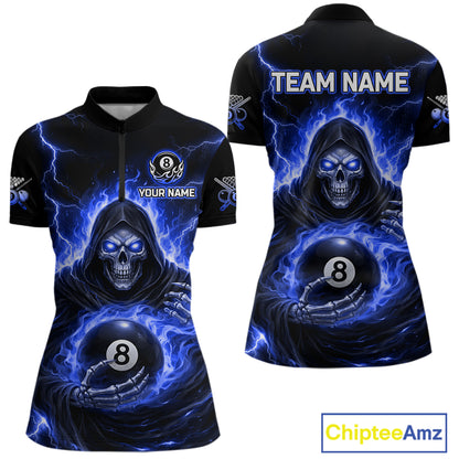 Blue Flames Grim Reaper Holding 8 Ball Pool Women Polo & 1/4-Zip Shirt Personalized Billiard Gifts NYN2661