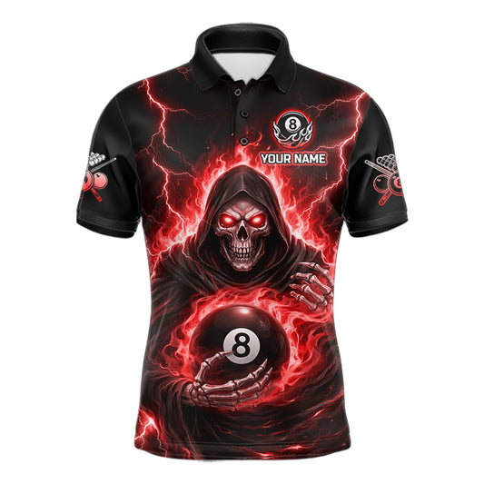 Red Flames Grim Reaper Holding 8 Ball Pool Men Polo & 1/4-Zip Shirt Personalized Billiard Gifts NYN2662