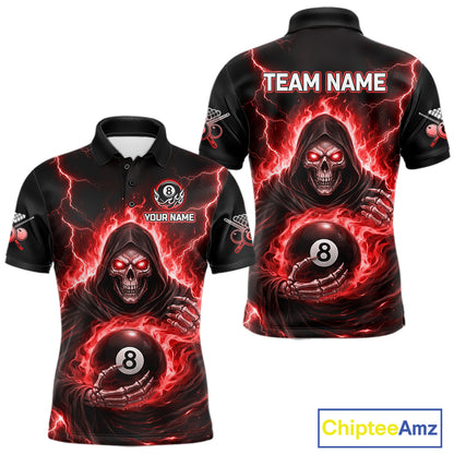 Red Flames Grim Reaper Holding 8 Ball Pool Men Polo & 1/4-Zip Shirt Personalized Billiard Gifts NYN2662