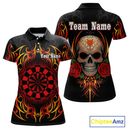 Women's Custom Darts Shirt With Roses Skull Polynesian Pattern And Red Dartboard NYN0254