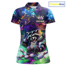 Load image into Gallery viewer, Funny Raccoon Neon Colorful Bowling Polo Quarter-Zip Shirt For Women Custom Bowling Tournament Jersey NYN3747
