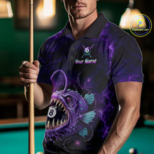 Load image into Gallery viewer, Male model wearing Purple Thunder Anglerfish pool jersey featuring custom name, fierce anglerfish artwork, cue sports championship apparel, lightweight tournament performance clothing inspired by ocean predators