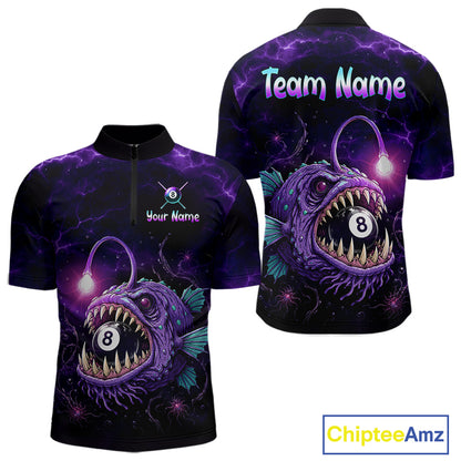 Custom Name Anglerfish men's quarter-zip billiard jersey featuring fierce anglerfish graphics and purple lightning, personalized cue sports tournament apparel, custom pool league athletic performance shirt