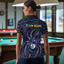 Load image into Gallery viewer, Female model wearing Rainbow Neon Spider billiard polo featuring personalized 8 Ball jersey, colorful cue sports apparel, modern neon artwork, performance clothing for APA, BCA and league competition