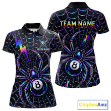 Load image into Gallery viewer, Rainbow Neon Web women's billiard polo featuring colorful spider web artwork, personalized Spider 8 Ball tournament jersey, custom cue sports apparel, APA pool league performance shirt, vibrant athletic billiard uniform