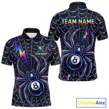 Load image into Gallery viewer, Rainbow Neon Web men's billiard polo featuring neon spider graphics, personalized 8 Ball cue sports jersey, custom pool tournament apparel, championship performance clothing with vibrant artistic design