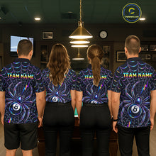 Load image into Gallery viewer, Matching Rainbow Neon Spider billiard jerseys for men and women featuring colorful neon spider web artwork symbolizing creativity, patience, precision and strategic thinking, appealing to Halloween lovers, tattoo enthusiasts, gamers, comic fans, fantasy art collectors, esports communities and competitive cue sports teams