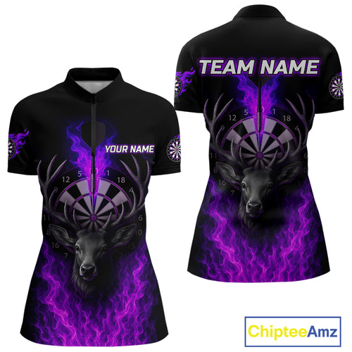Custom Purple Flames Dartboard Deer Funny Dart Women 1/4-Zip Shirt Dart Team Jerseys NYN1632