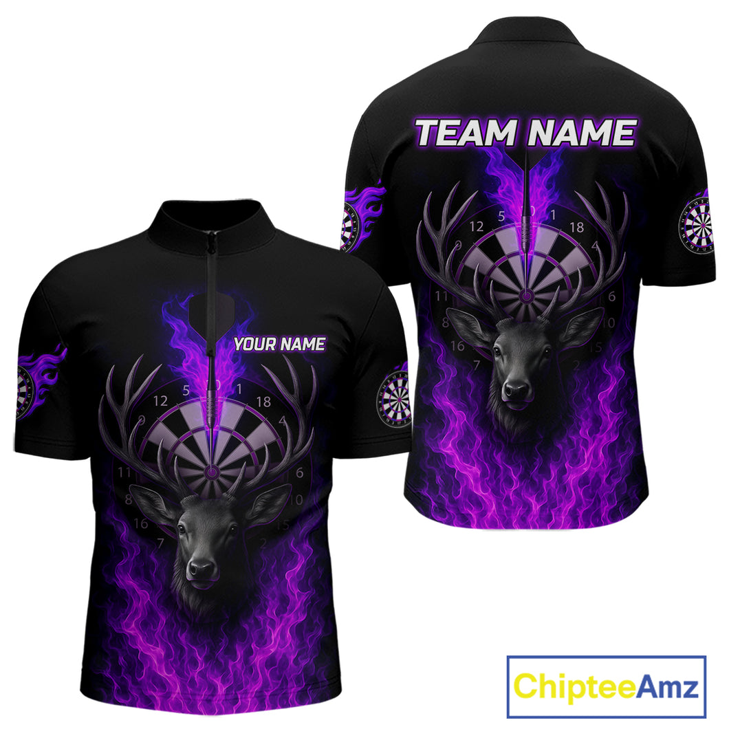 Custom Purple Flames Dartboard Deer Funny Dart Men 1/4-Zip Shirt Dart Team Jerseys NYN1632