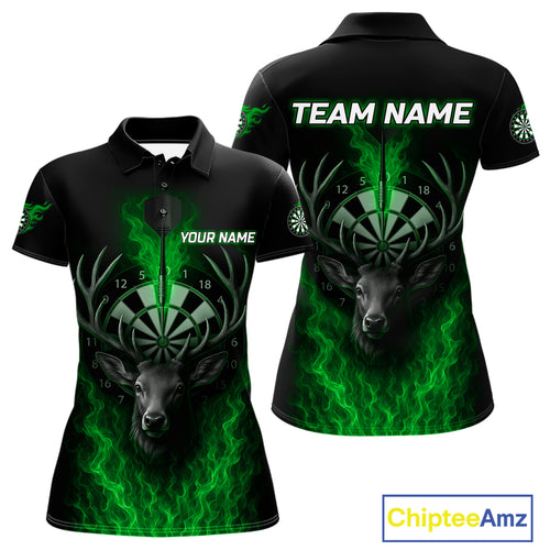 Custom Green Flames Dartboard Deer Funny Dart Women Polo Shirt Dart Team Jerseys NYN1634