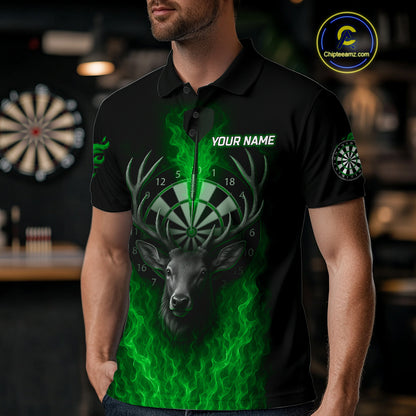 Custom Green Flames Dartboard Deer Funny Dart Men Polo Shirt Dart Team Jerseys NYN1634
