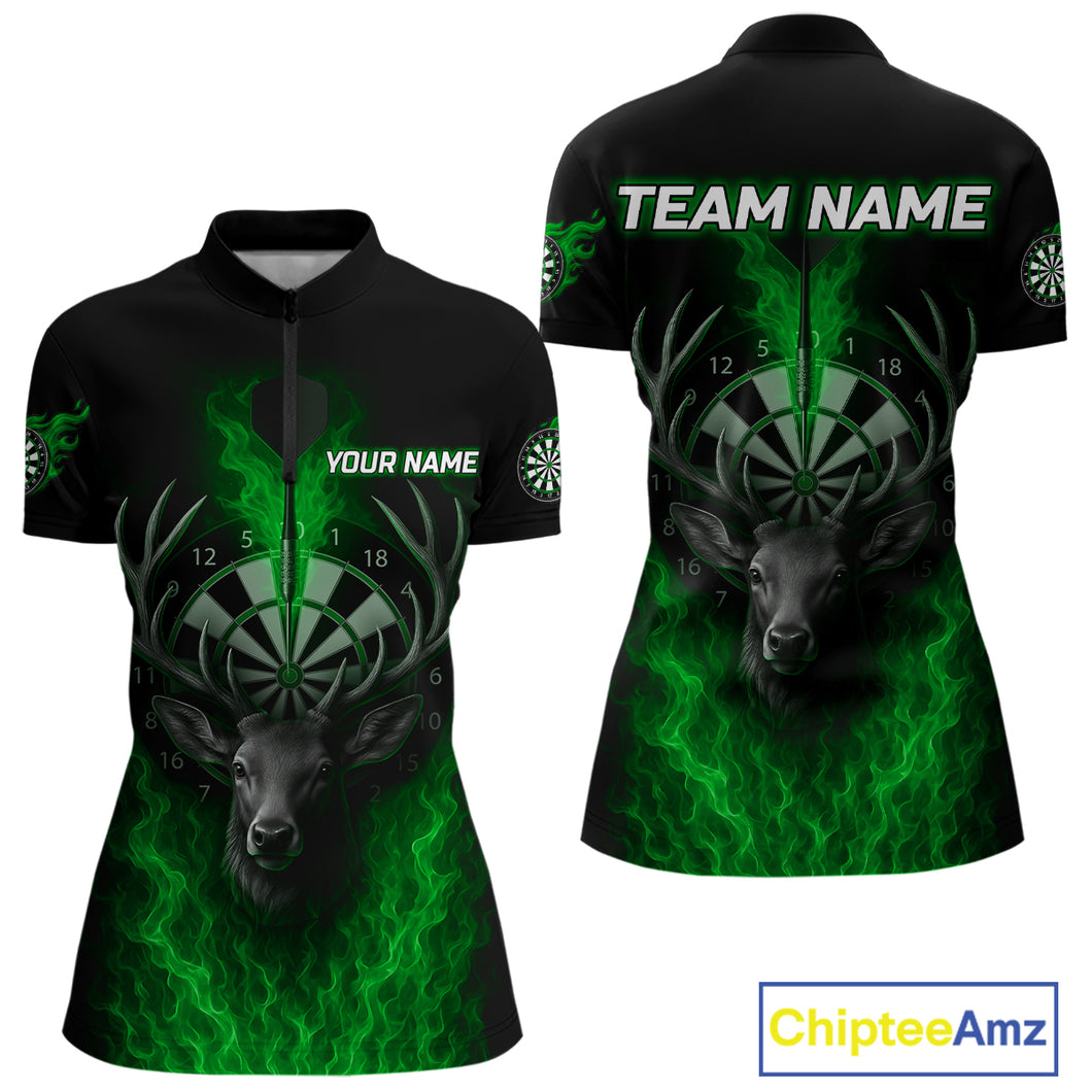 Custom Green Flames Dartboard Deer Funny Dart Women 1/4-Zip Shirt Dart Team Jerseys NYN1634