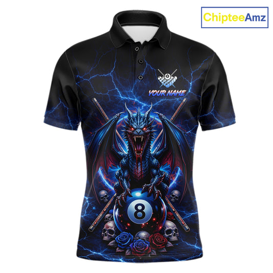 Custom Dragon Roses 8 Ball Billiard Pool Shirt For Men Thunder Blue Red Skull Team Billiard Jersey NYN3068