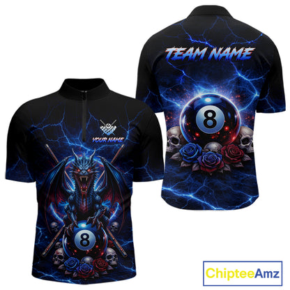 Custom Dragon Roses 8 Ball Billiard Pool Shirt For Men Thunder Blue Red Skull Team Billiard Jersey NYN3068