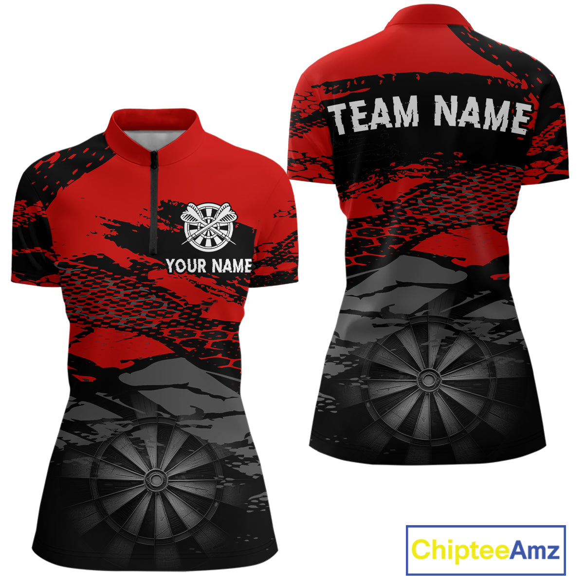 Personalized Dart Shirt For Women Red Grunge Texture & Black Dartboard, Darts Jersey NYN0280