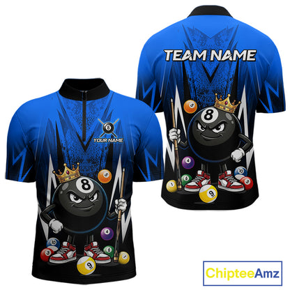 Black & Blue Funny Crown 8 Ball Billiard Shirt For Men Custom 8 Ball Pool Polo & 1/4 Zip Jersey NYN3788
