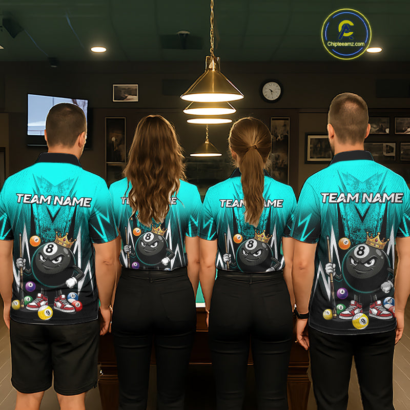Black & Turquoise Funny Crown 8 Ball Billiard Shirt For Men Custom 8 Ball Pool Polo & 1/4 Zip Jersey NYN3789