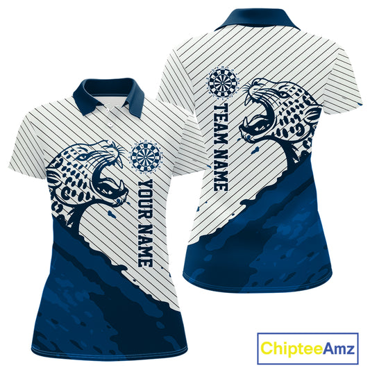 Personalized White And Blue Striped Leopard Darts Polo Shirts For Women Dart Team Jerseys NYN2198