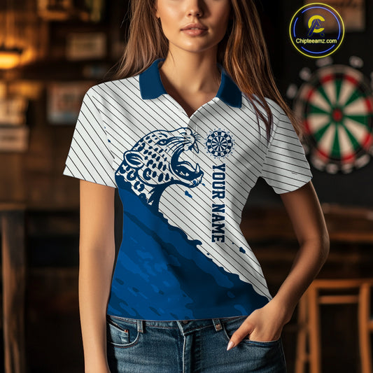Personalized White And Blue Striped Leopard Darts Polo Shirts For Women Dart Team Jerseys NYN2198