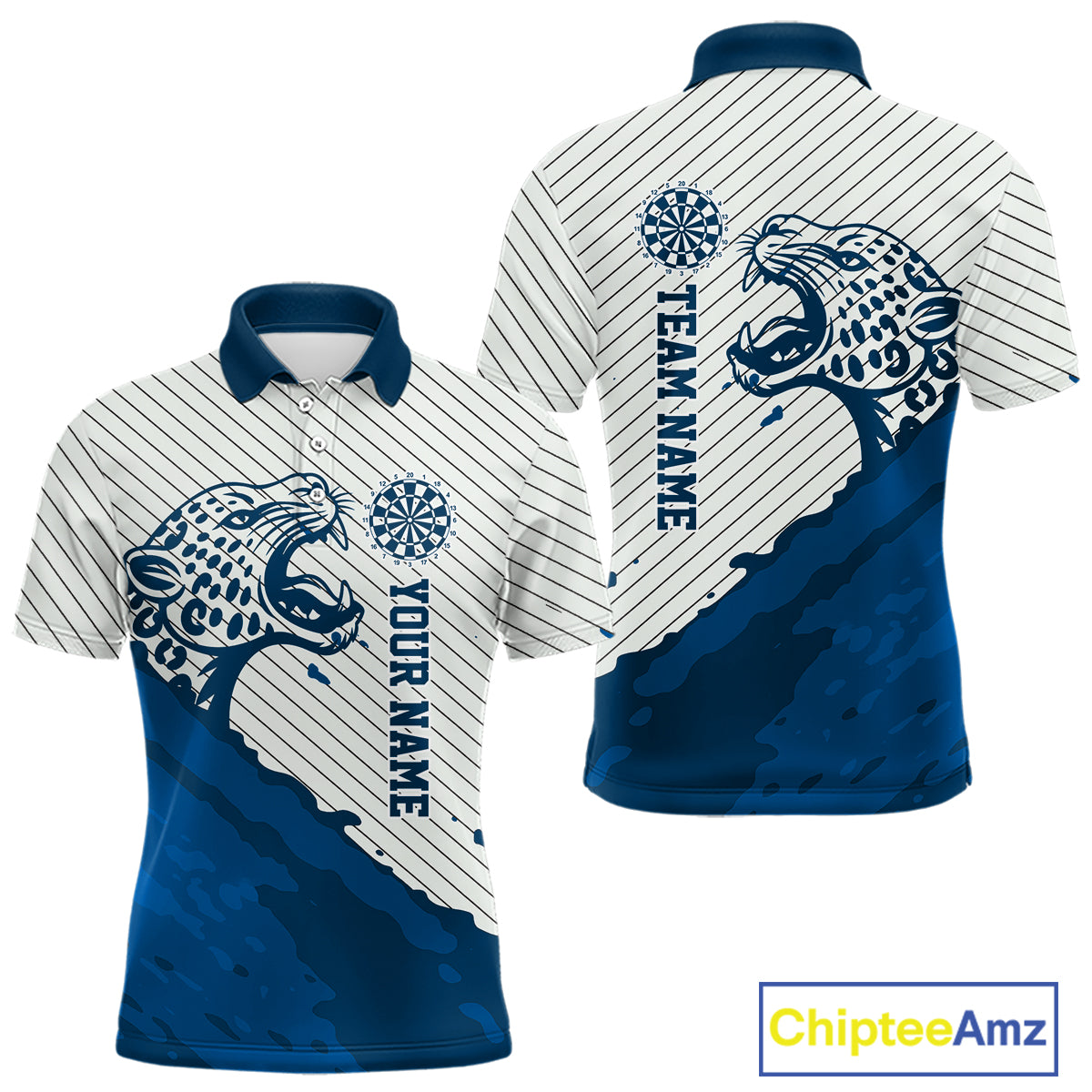 Personalized White And Blue Striped Leopard Darts Polo Shirts For Men Dart Team Jerseys NYN2198