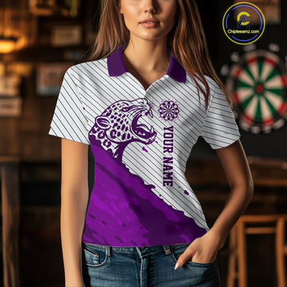 Personalized White And Purple Striped Leopard Darts Polo Shirts For Women Dart Team Jerseys NYN2199
