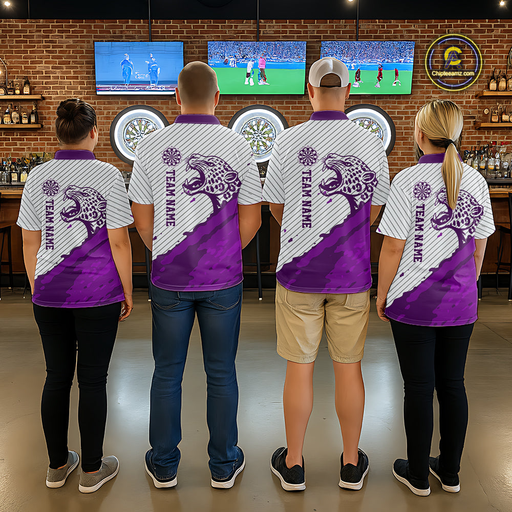 Personalized White And Purple Striped Leopard Darts Polo Shirts For Women Dart Team Jerseys NYN2199