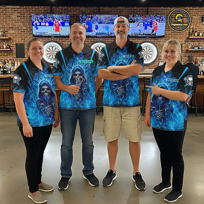 Personalized Blue Flaming Grim Reaper Men Darts Polo League Shirts Outfits Dart Jerseys NYN2208