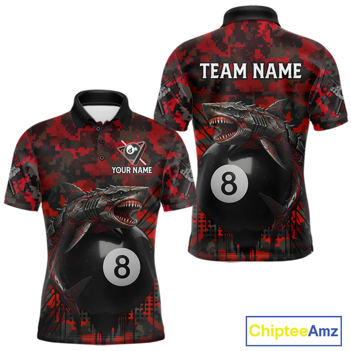 Horror Shark Play Pool 8 Ball Men's Billiard Team Shirt Custom Red Camouflage Billiard Attire NYN2499