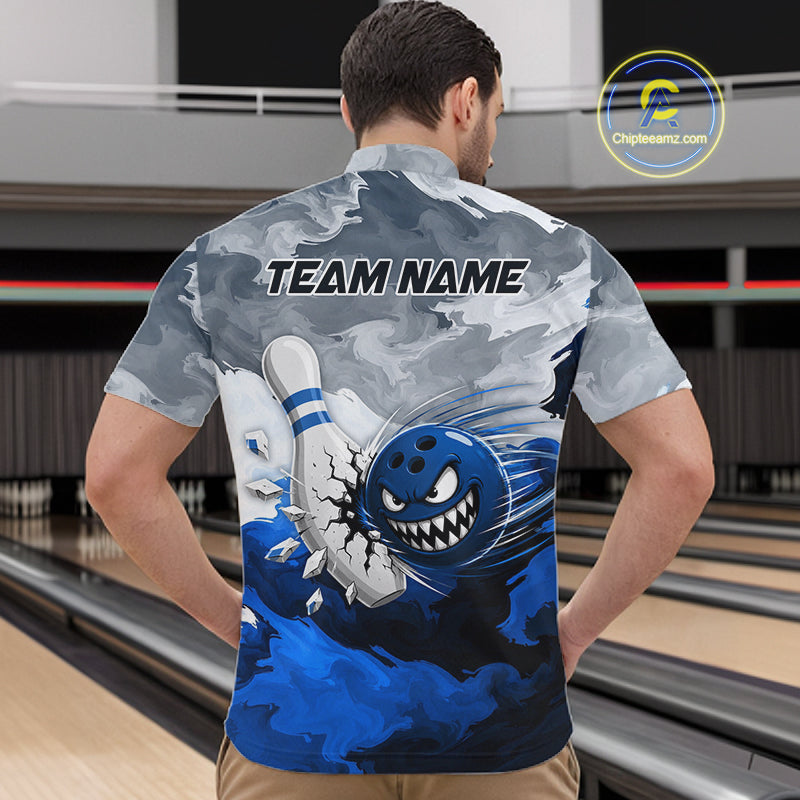 White Blue Funny Cracked Pins & Ball Bowling Shirt For Men Custom Outfit Team Bowling Jersey NYN3234
