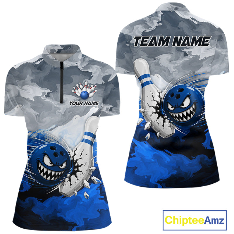 White Blue Funny Cracked Pins & Ball Bowling Shirt For Women Custom Outfit Team Bowling Jersey NYN3234